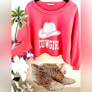 Peach Love California Coral COW GIRL Pink Cropped Sweatshirt